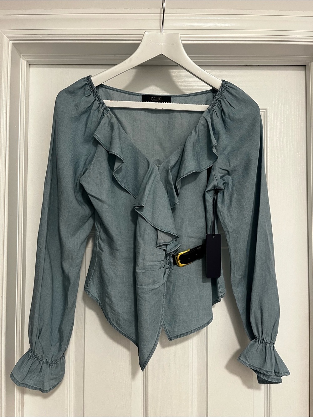 Rachel Roy soft Denim Ruffle Wrap Blouse